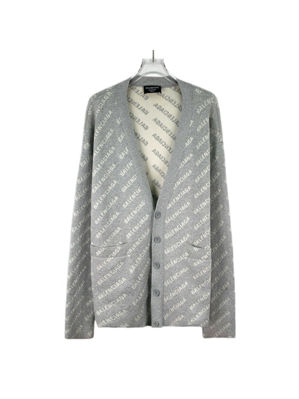 Balenciaga 2022 Gray All-Over Logo Cotton V-Neck Cardigan